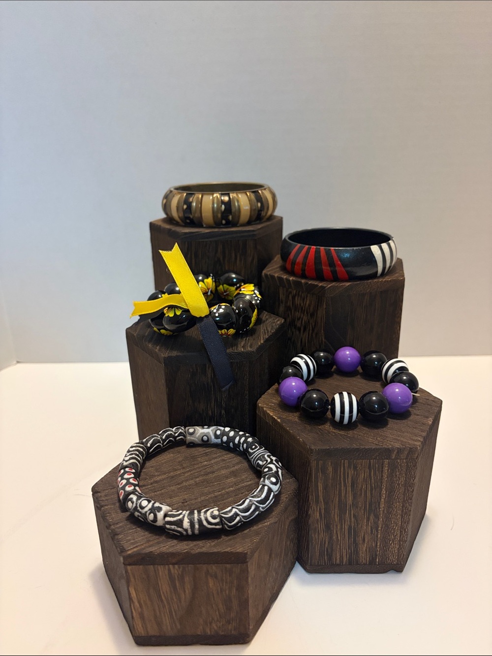 Assorted Bead and Resin Bracelets - Black, Purple, Red, Yellow Accents